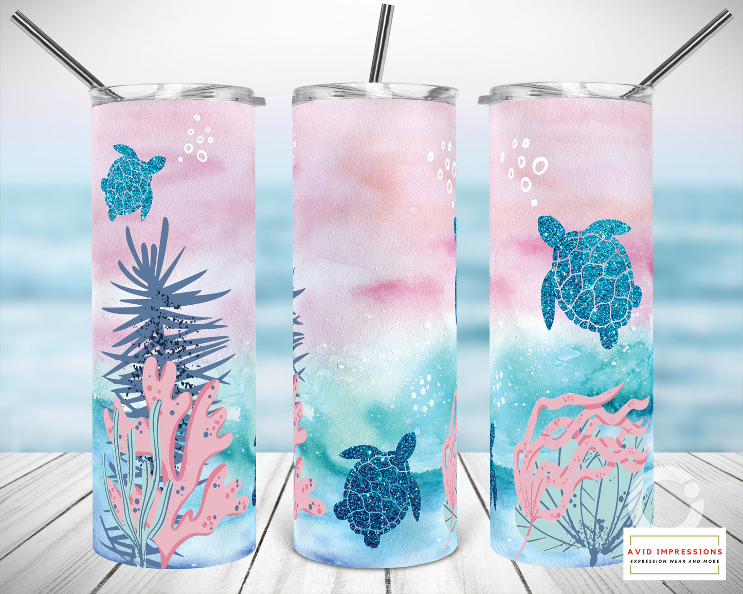 Watercolor Glitter Turtle Tumbler with Personalization